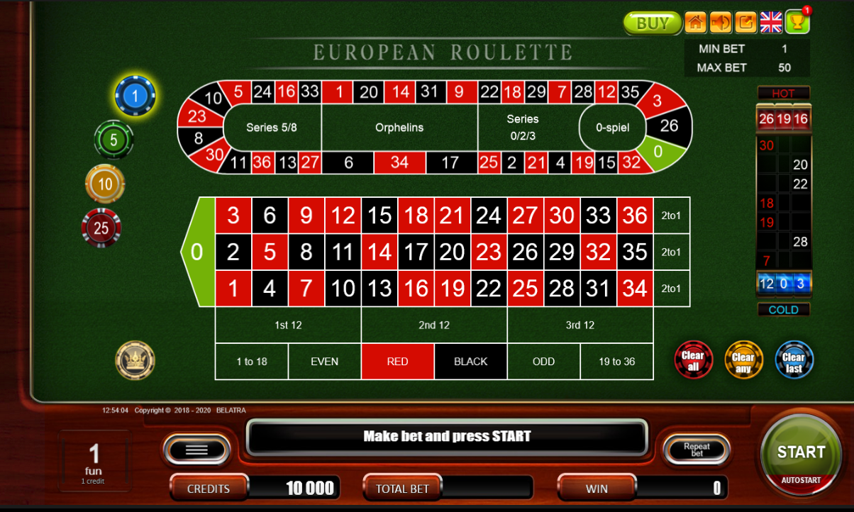 European Roulette $5 Min $500 Max Special Bets Table